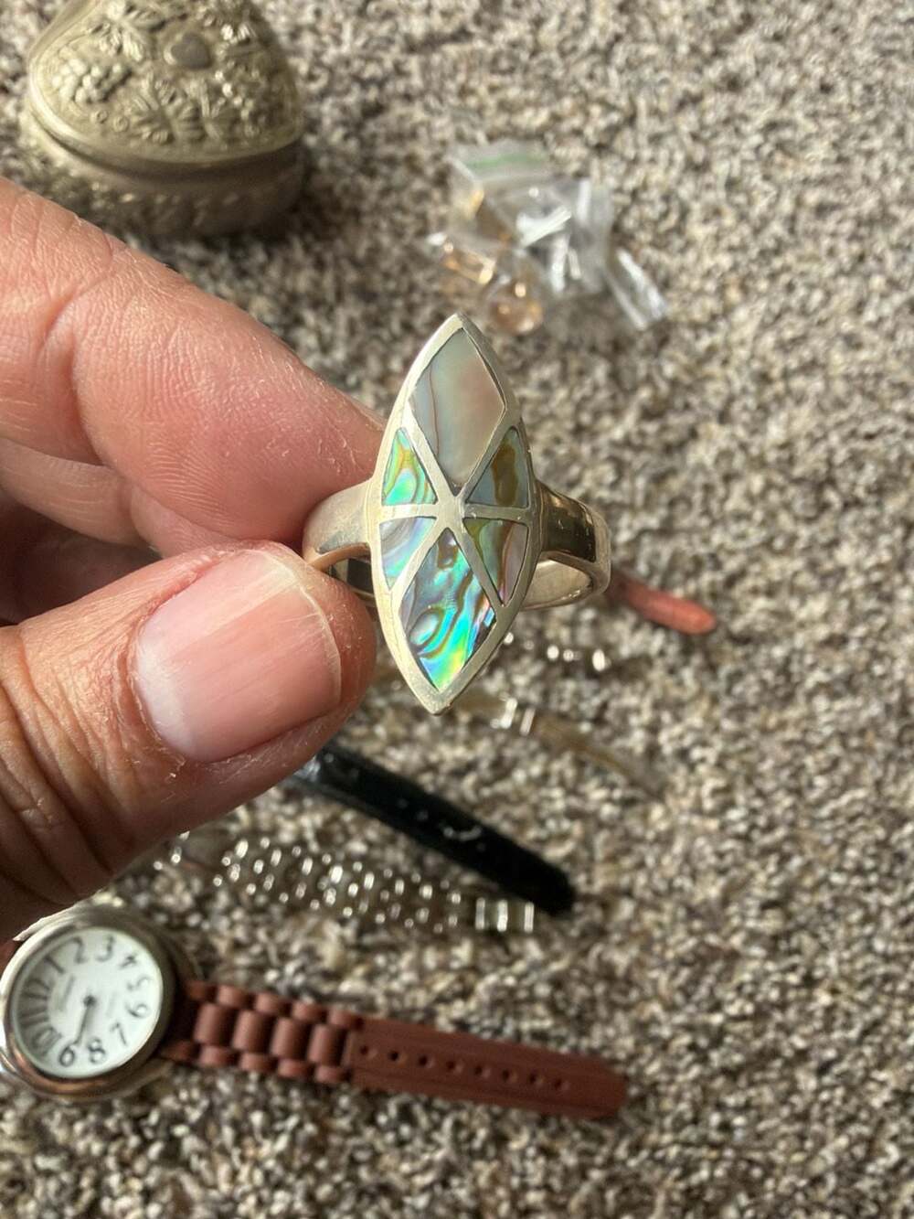 Vintage .925 Sterling Silver Marquise Inlay Abalone Shell Statement Ring